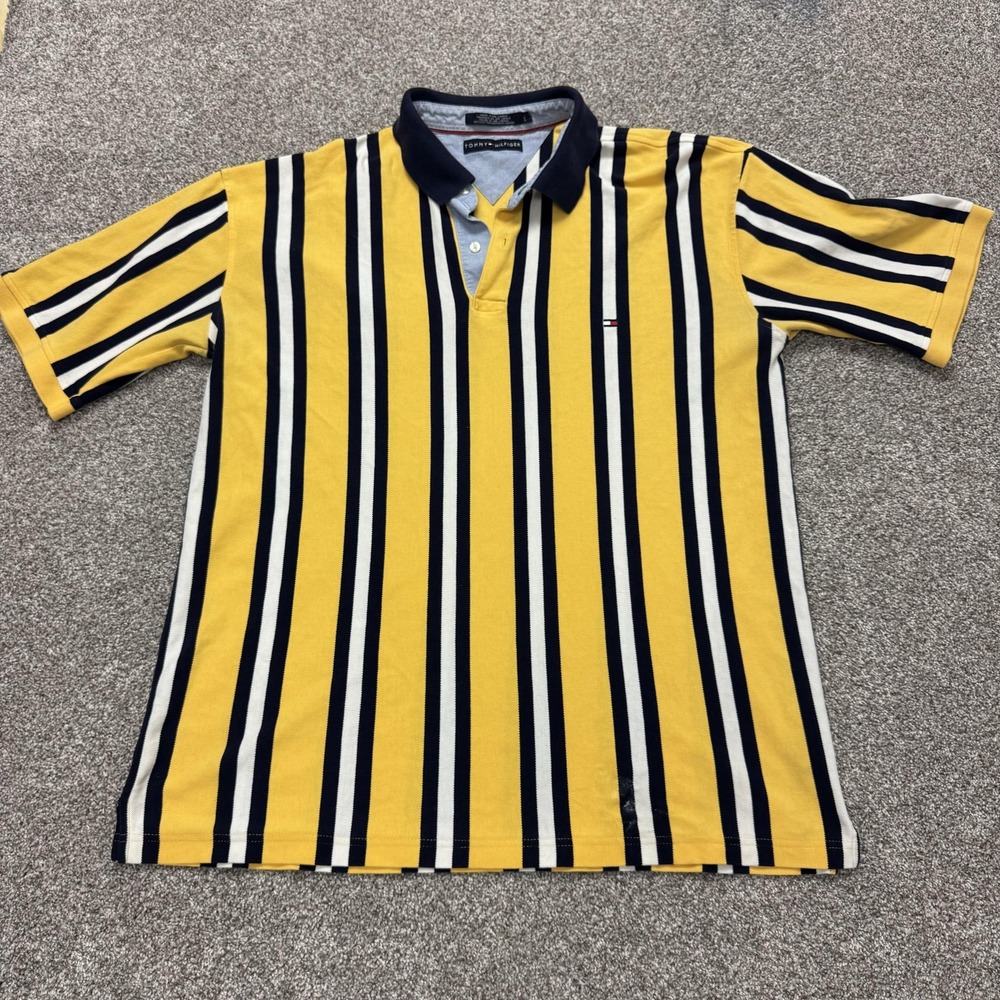 Tommy Hilfiger Polo Shirt Mens 2XL Yellow Stripe Knit Cotton Short Sleeve Logo